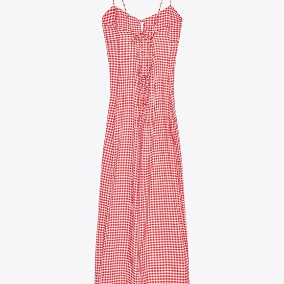ZARA Red White Gingham Check Midi Dress L Drawstring Tie Back Sleeveless Casual - Picture 9 of 11